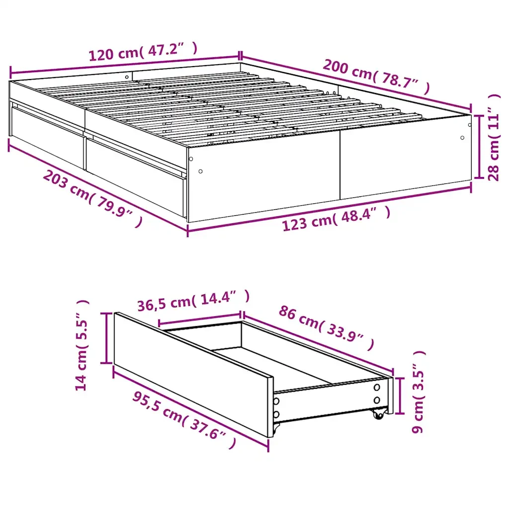 Letto matrimoniale | Letto per adulti | Giroletto con Cassetti Bianco 120x200 cm in Legno Multistrato - Image 10