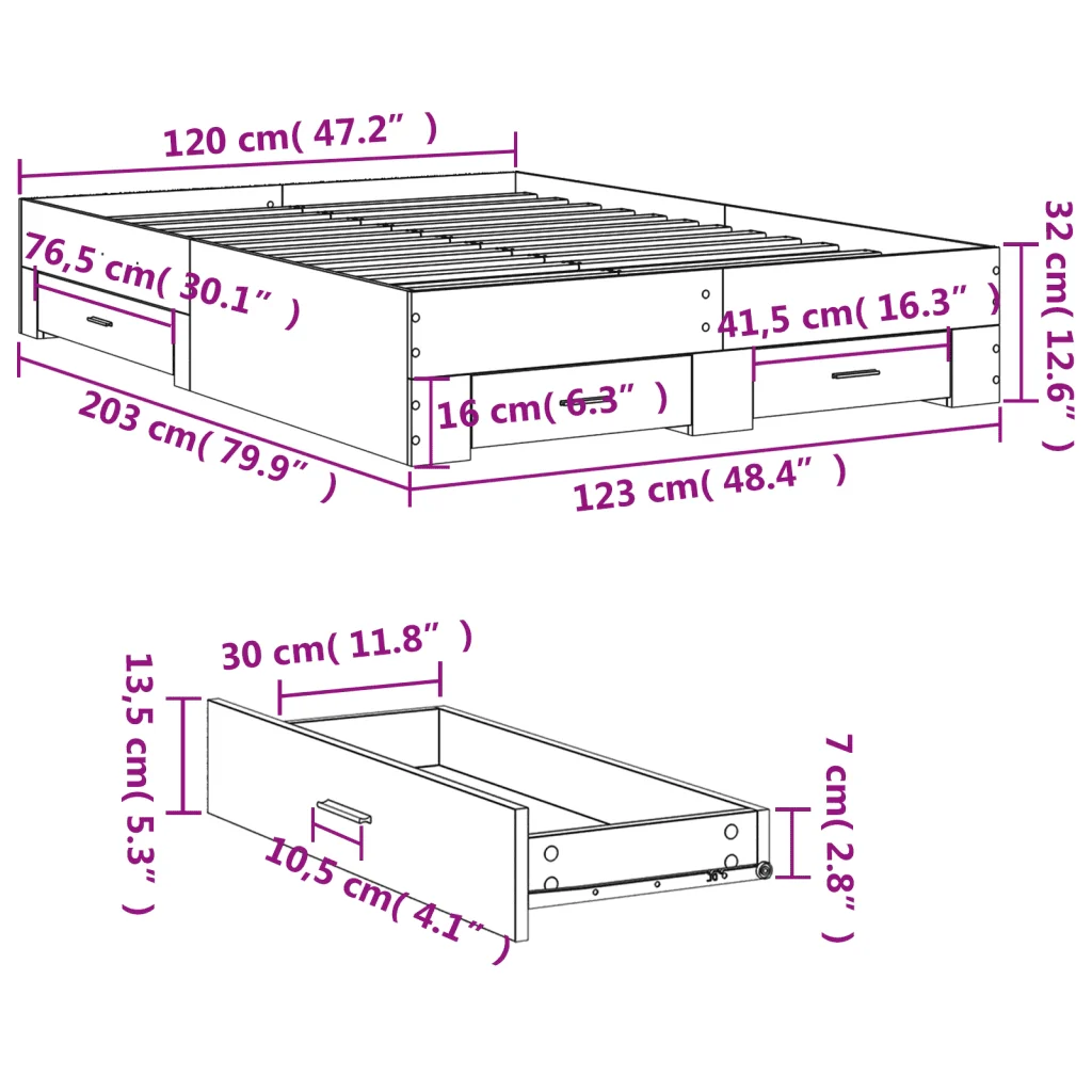 Letto matrimoniale | Letto per adulti | Giroletto con Cassetti Bianco 120x200 cm in Legno Multistrato - Image 10