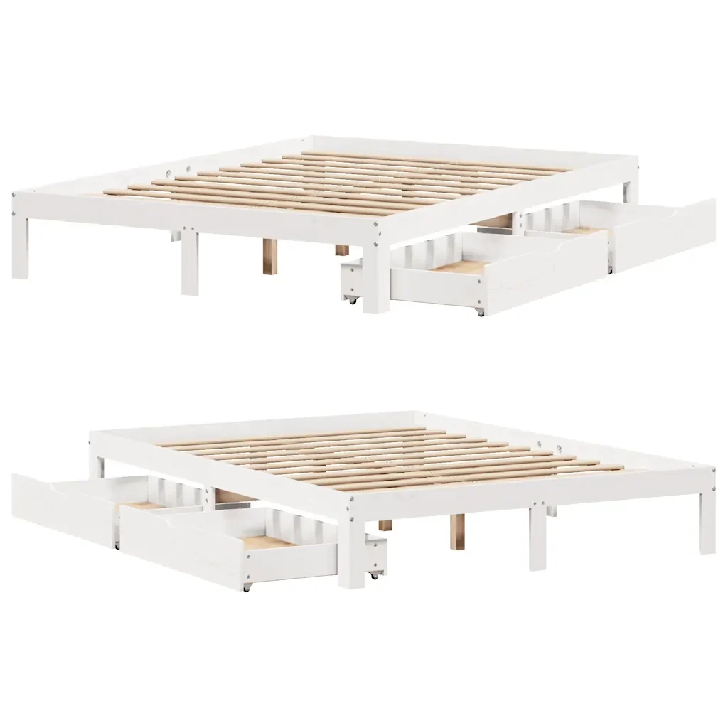 Letto matrimoniale | Letto per adulti | Giroletto con Cassetti Bianco 120x200 cm Legno Massello di Pino - Image 9