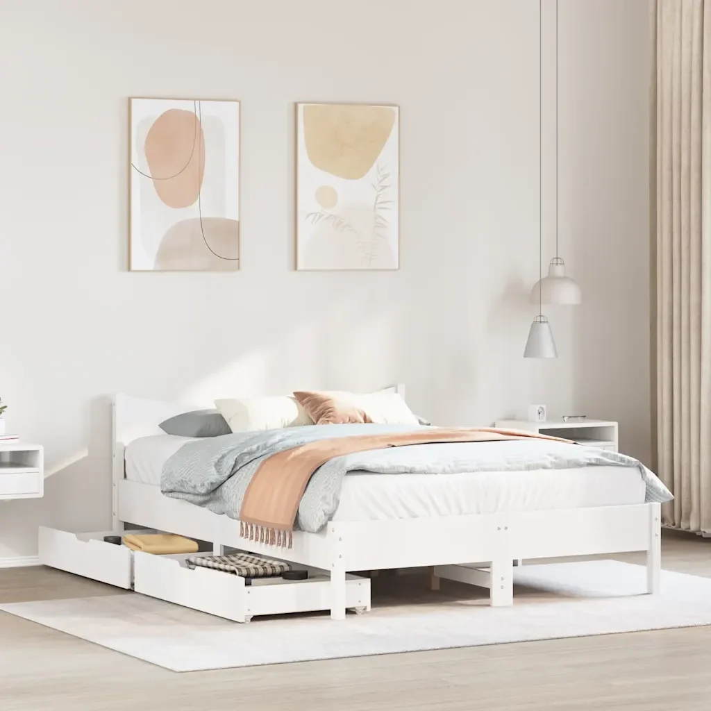 Letto matrimoniale | Letto per adulti | Giroletto con Cassetti Bianco 120x200 cm Legno Massello di Pino - Image 3