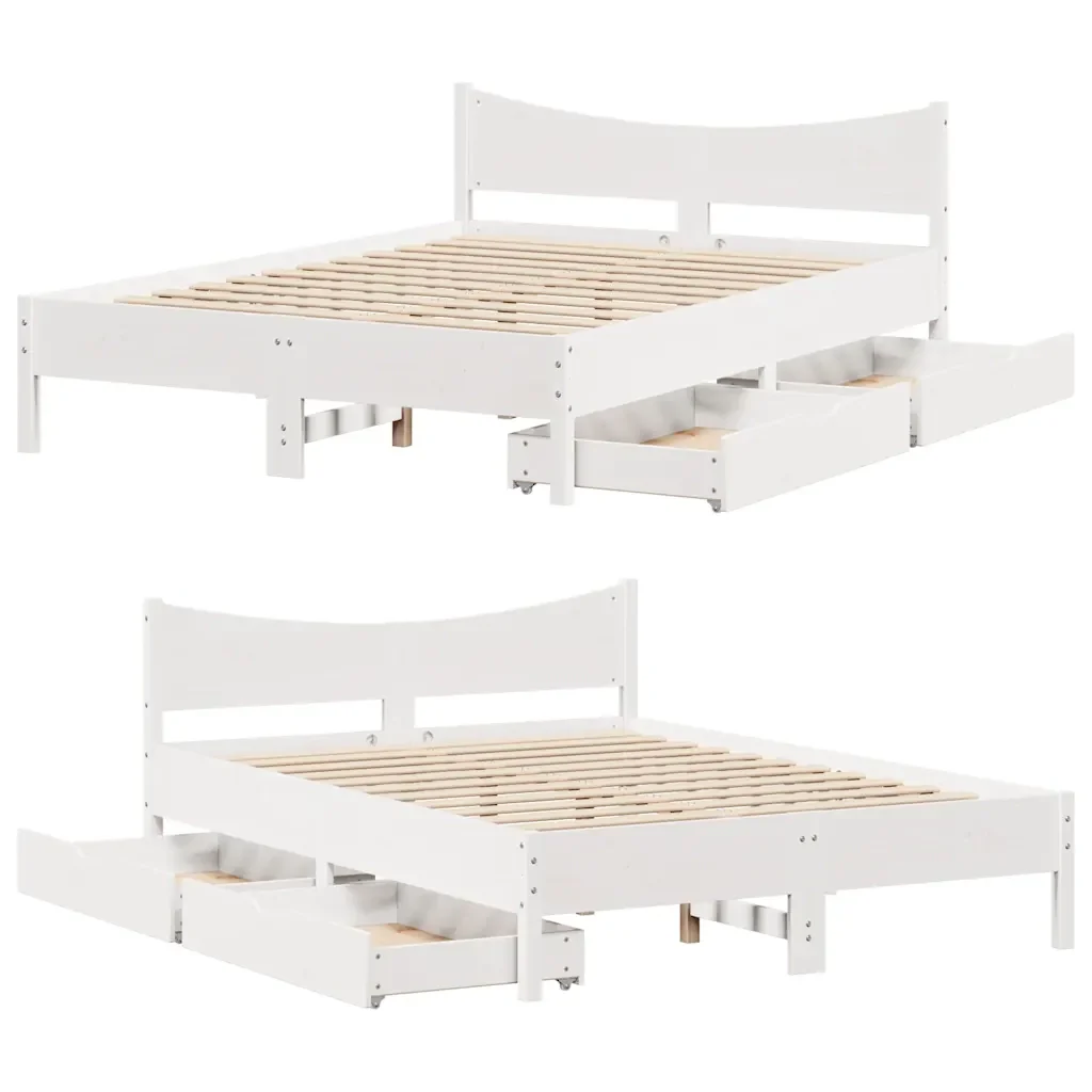 Letto matrimoniale | Letto per adulti | Giroletto con Cassetti Bianco 120x200 cm Legno Massello di Pino - Image 9
