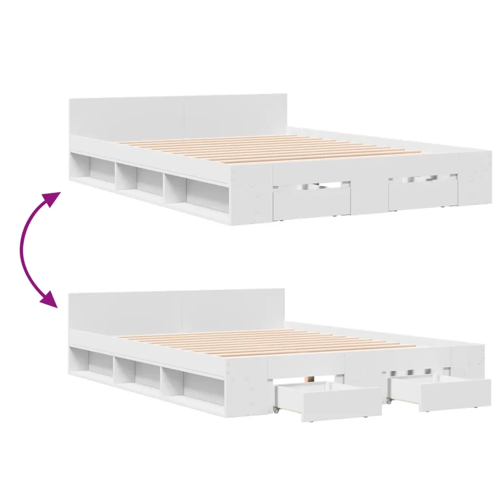 Letto matrimoniale | Letto per adulti | Giroletto con Cassetti Bianco 135x190 cm in Legno Multistrato - Image 7