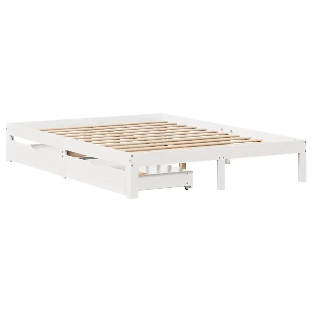 Letto matrimoniale | Letto per adulti | Giroletto con Cassetti Bianco 135x190 cm Legno Massello di Pino - Image 4