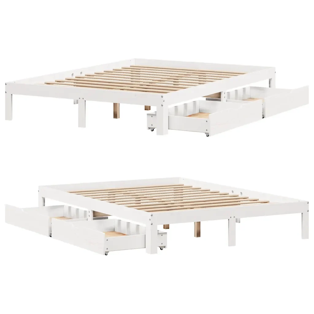 Letto matrimoniale | Letto per adulti | Giroletto con Cassetti Bianco 135x190 cm Legno Massello di Pino - Image 9