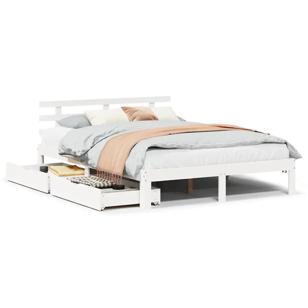 Letto matrimoniale | Letto per adulti | Giroletto con Cassetti Bianco 135x190 cm Legno Massello di Pino