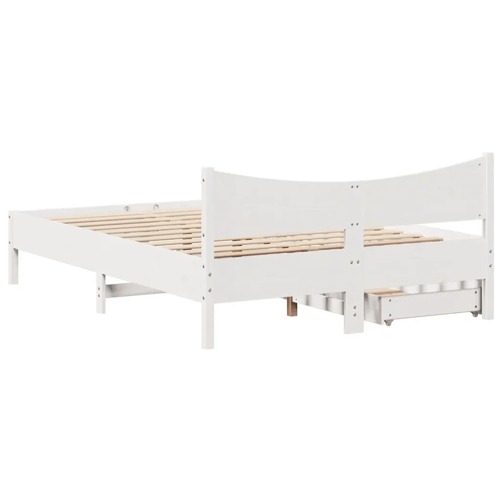 Letto matrimoniale | Letto per adulti | Giroletto con Cassetti Bianco 135x190 cm Legno Massello di Pino - Image 8