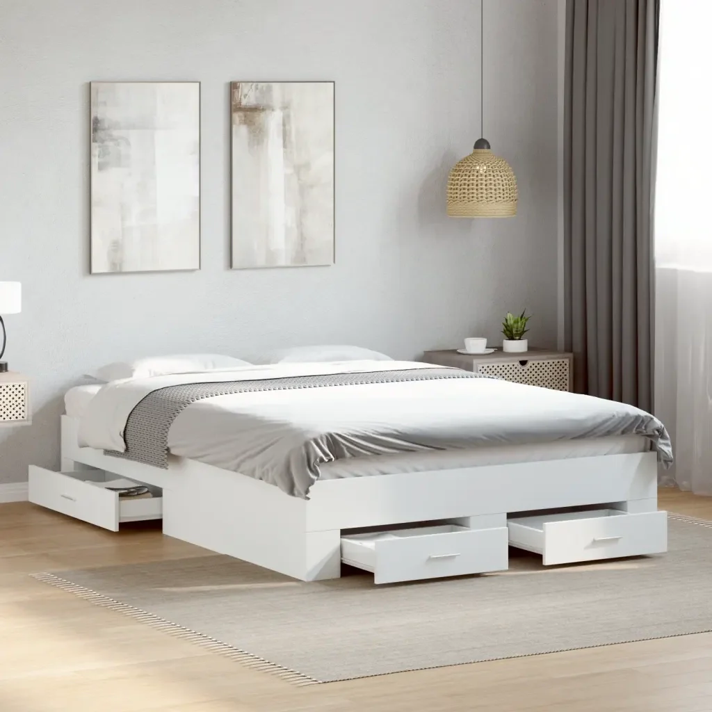 Letto matrimoniale | Letto per adulti | Giroletto con Cassetti Bianco 140x190 cm in Legno Multistrato - Image 2