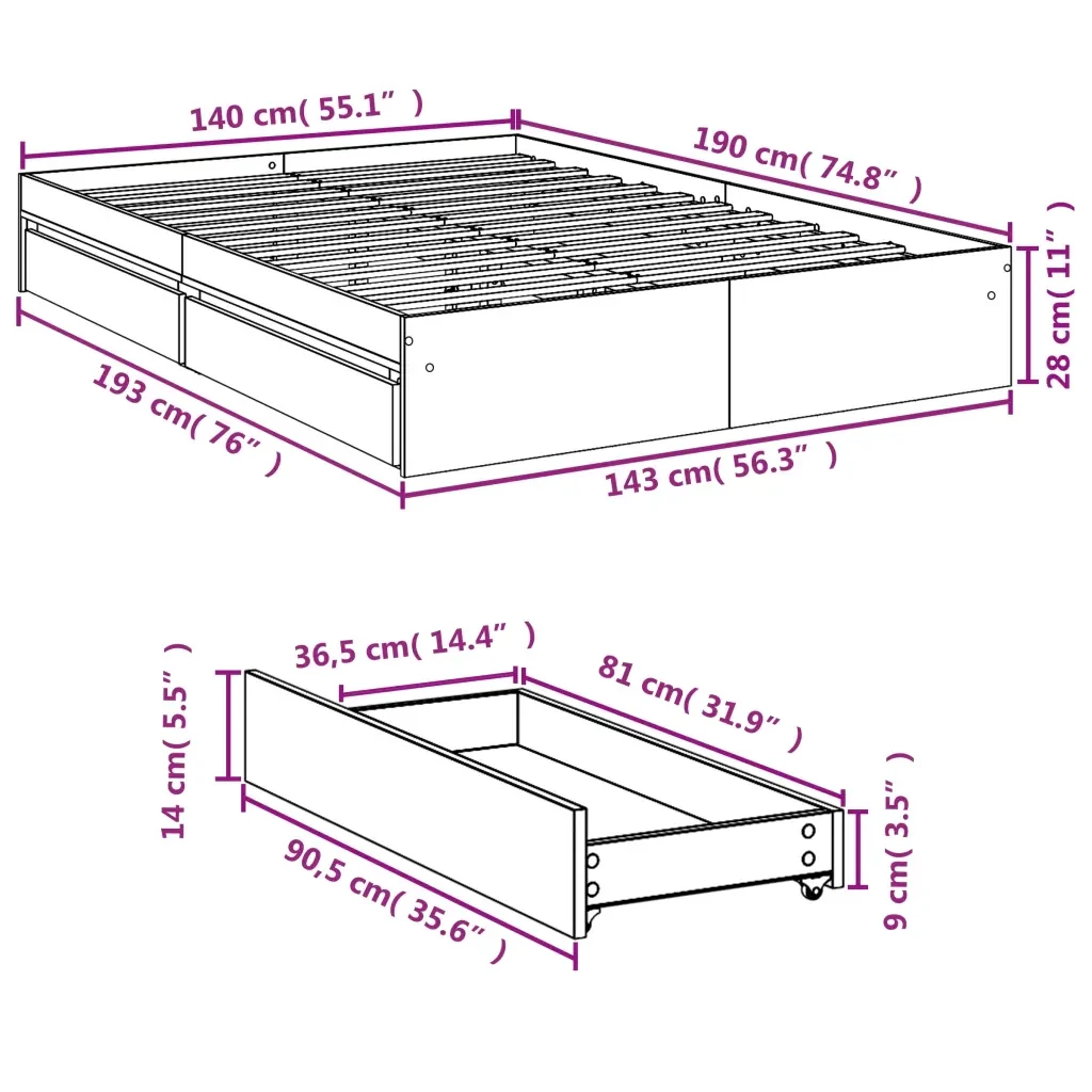 Letto matrimoniale | Letto per adulti | Giroletto con Cassetti Bianco 140x190 cm in Legno Multistrato - Image 10