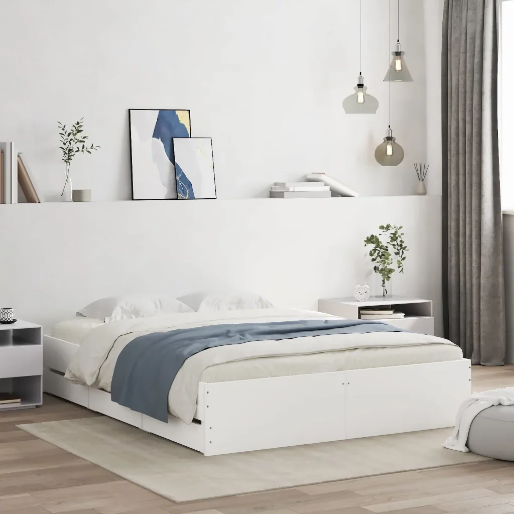Letto matrimoniale | Letto per adulti | Giroletto con Cassetti Bianco 140x190 cm in Legno Multistrato - Image 2
