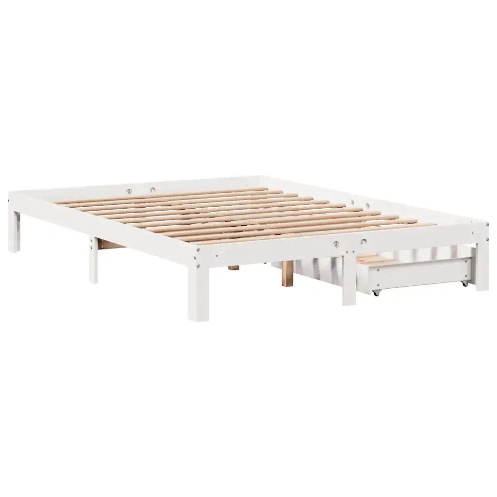 Letto matrimoniale | Letto per adulti | Giroletto con Cassetti Bianco 140x190 cm Legno Massello di Pino - Image 8