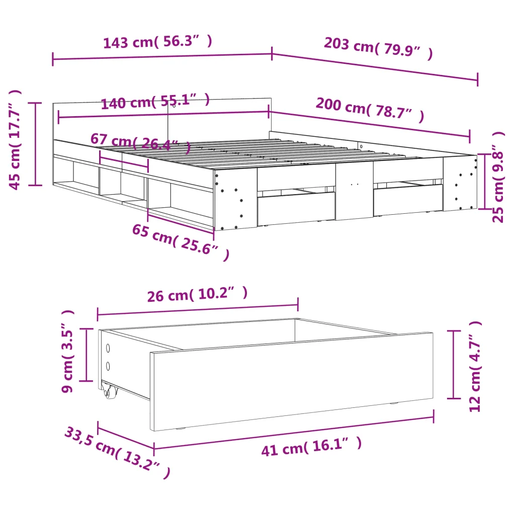 Letto matrimoniale | Letto per adulti | Giroletto con Cassetti Bianco 140x200 cm in Legno Multistrato - Image 10