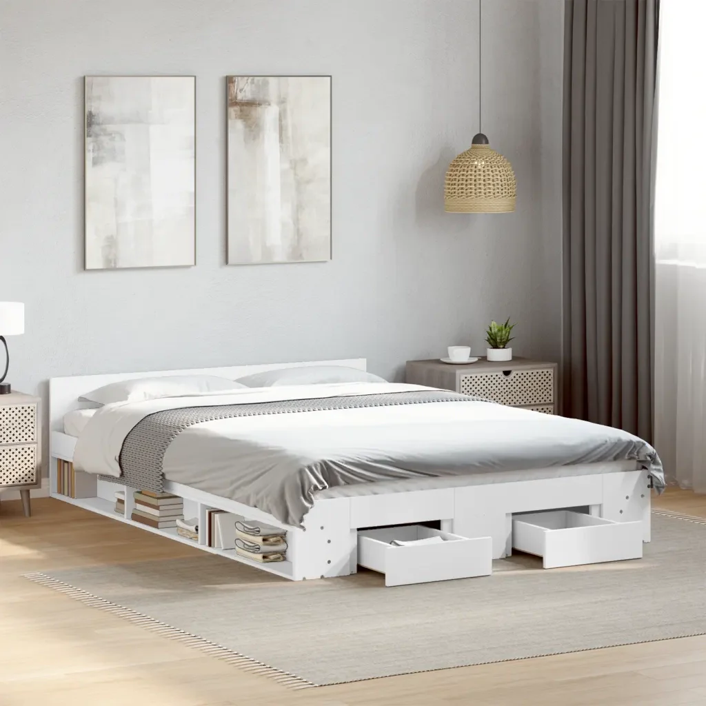 Letto matrimoniale | Letto per adulti | Giroletto con Cassetti Bianco 140x200 cm in Legno Multistrato - Image 2