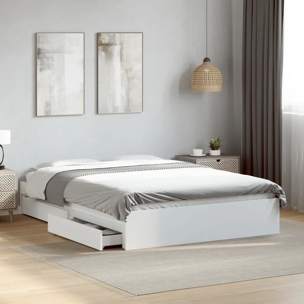 Letto matrimoniale | Letto per adulti | Giroletto con Cassetti Bianco 140x200 cm in Legno Truciolato - Image 2