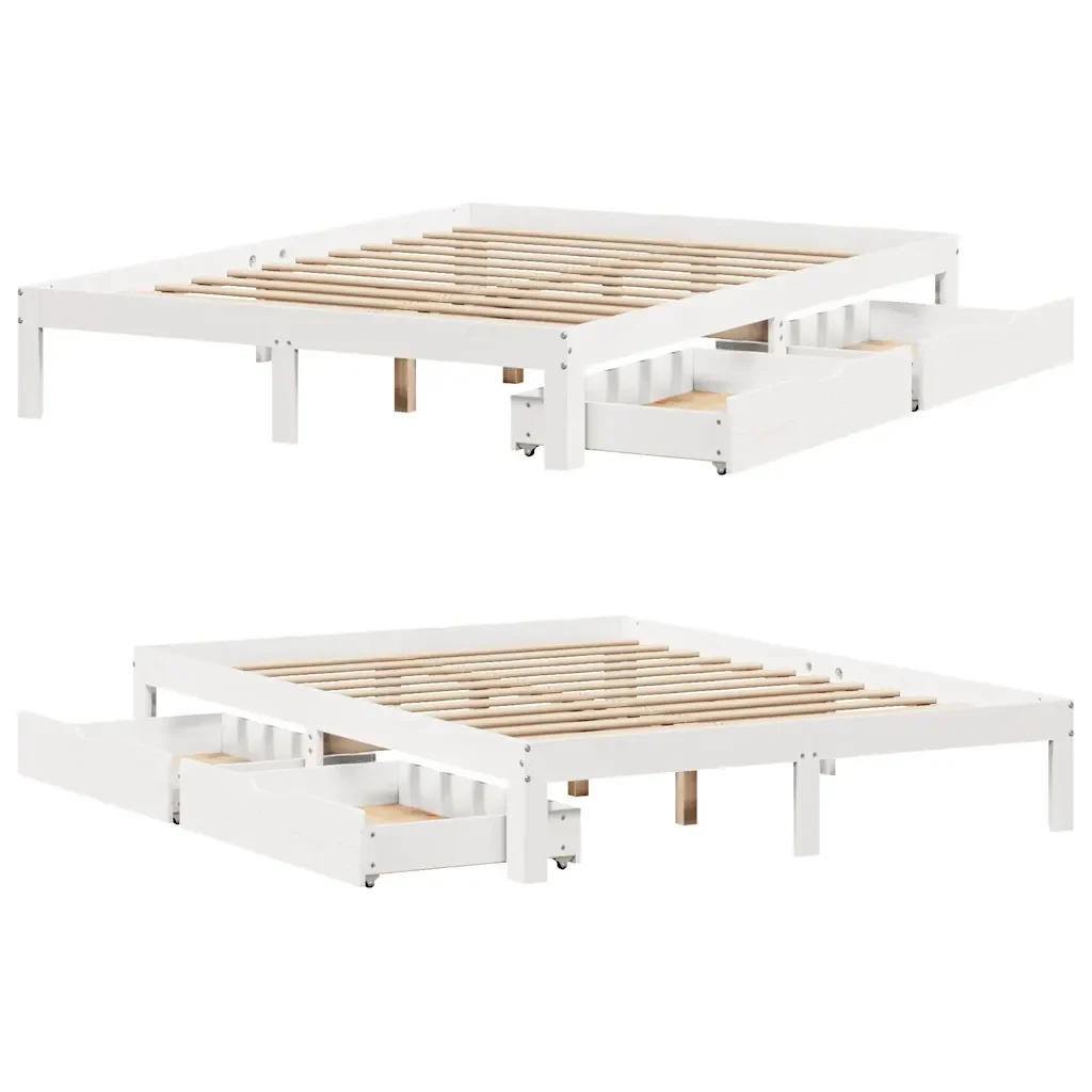 Letto matrimoniale | Letto per adulti | Giroletto con Cassetti Bianco 140x200 cm Legno Massello di Pino - Image 9
