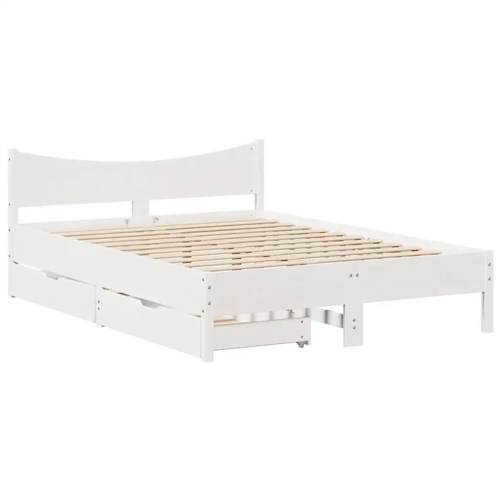 Letto matrimoniale | Letto per adulti | Giroletto con Cassetti Bianco 140x200 cm Legno Massello di Pino