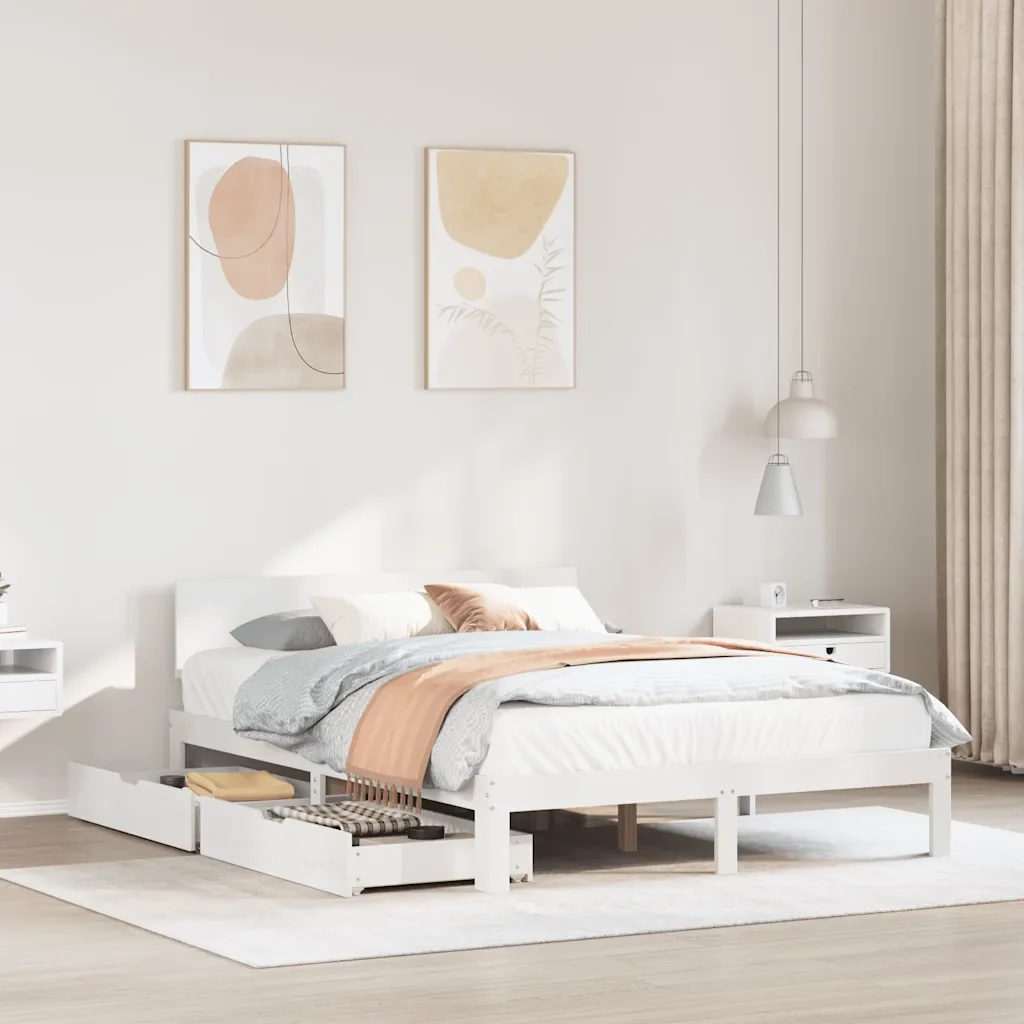 Letto matrimoniale | Letto per adulti | Giroletto con Cassetti Bianco 140x200 cm Legno Massello di Pino - Image 2