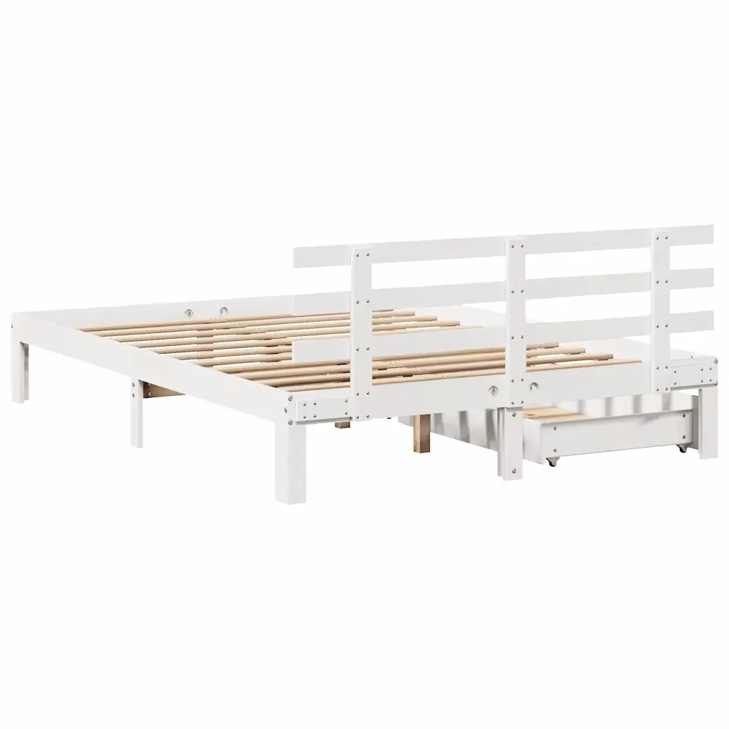 Letto matrimoniale | Letto per adulti | Giroletto con Cassetti Bianco 140x200 cm Legno Massello di Pino - Image 6