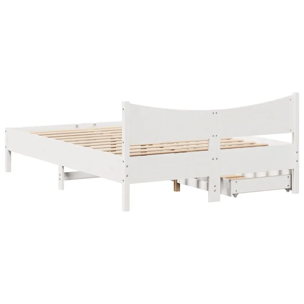 Letto matrimoniale | Letto per adulti | Giroletto con Cassetti Bianco 140x200 cm Legno Massello di Pino - Image 8