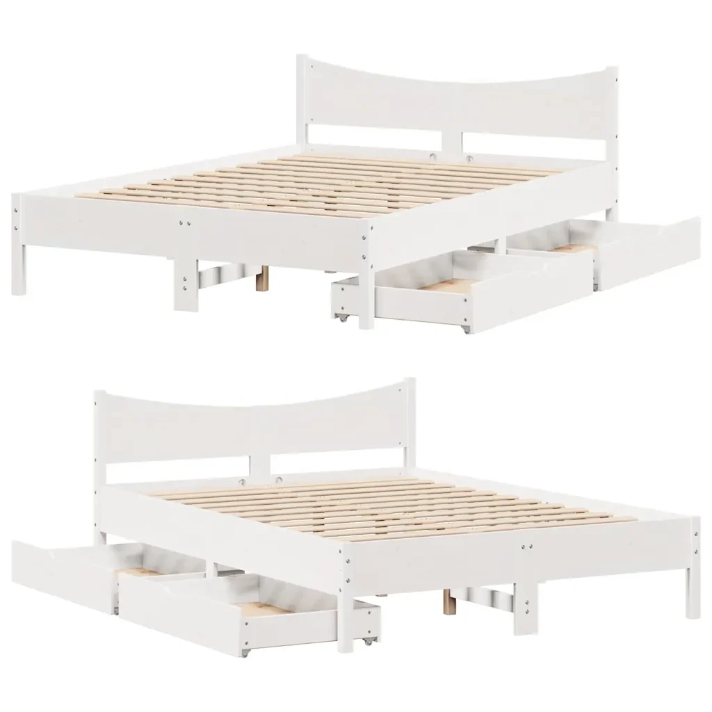 Letto matrimoniale | Letto per adulti | Giroletto con Cassetti Bianco 140x200 cm Legno Massello di Pino - Image 9