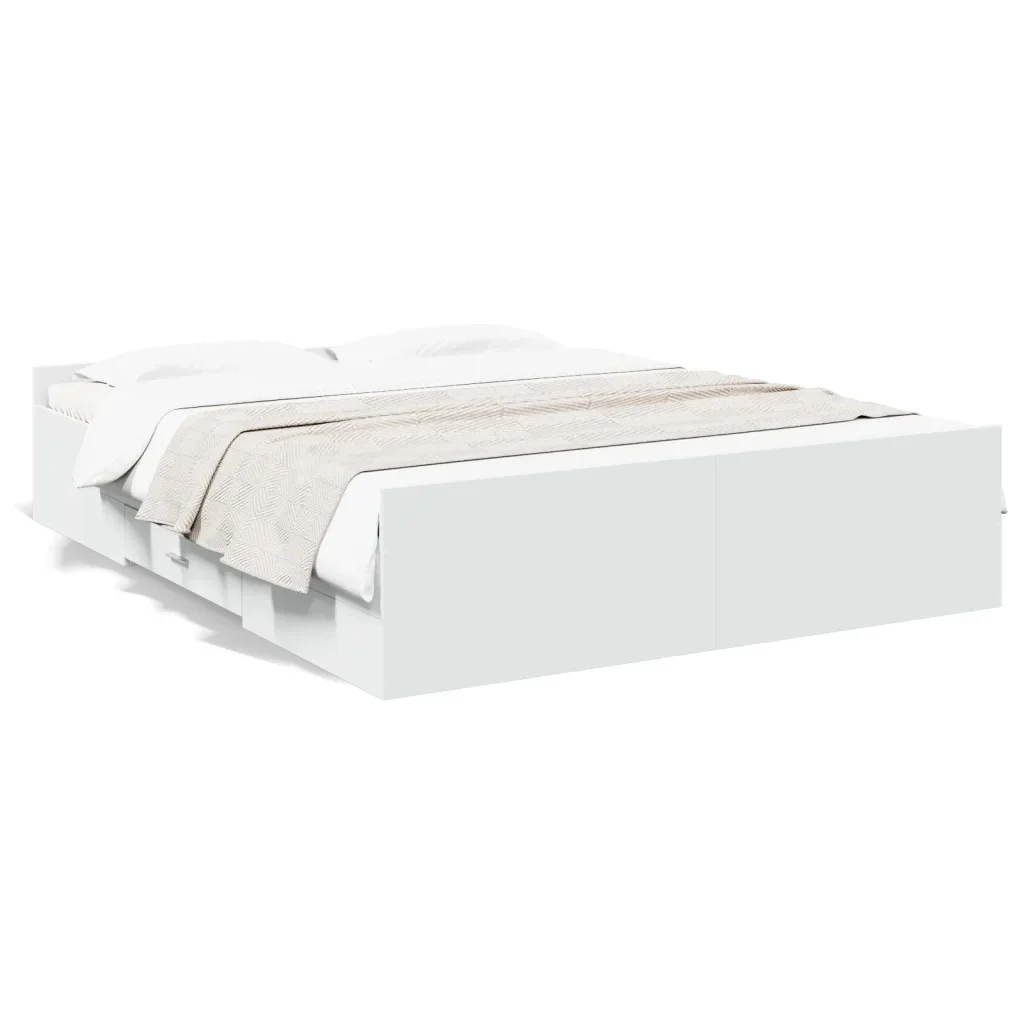 Letto matrimoniale | Letto per adulti | Giroletto con Cassetti Bianco 150x200 cm in Legno Multistrato
