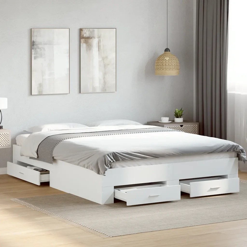 Letto matrimoniale | Letto per adulti | Giroletto con Cassetti Bianco 150x200 cm in Legno Multistrato - Image 2