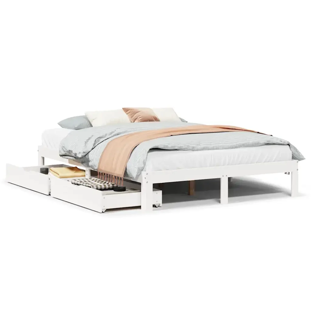 Letto matrimoniale | Letto per adulti | Giroletto con Cassetti Bianco 150x200 cm Legno Massello di Pino