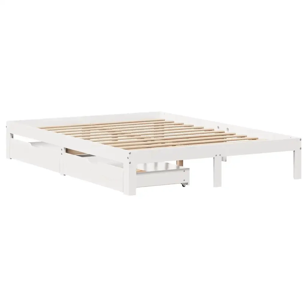 Letto matrimoniale | Letto per adulti | Giroletto con Cassetti Bianco 150x200 cm Legno Massello di Pino - Image 3