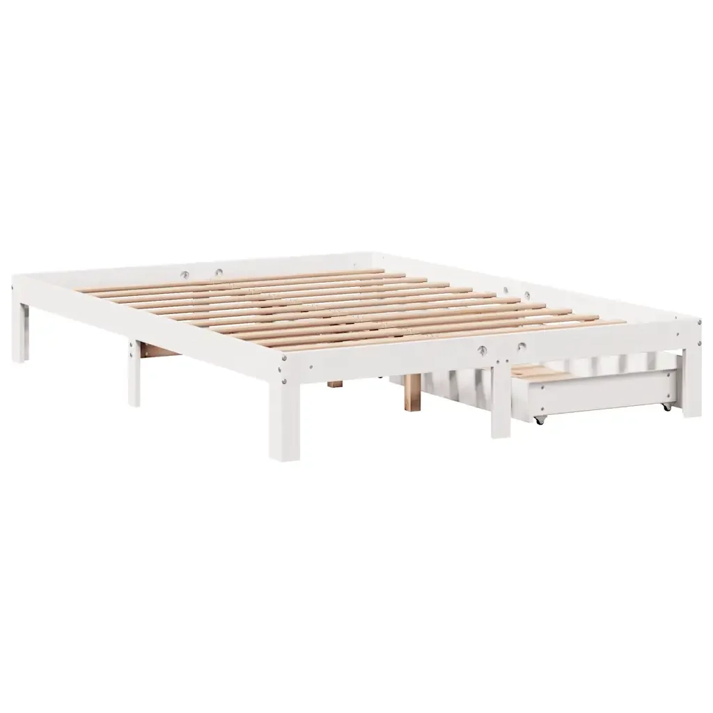 Letto matrimoniale | Letto per adulti | Giroletto con Cassetti Bianco 150x200 cm Legno Massello di Pino - Image 8