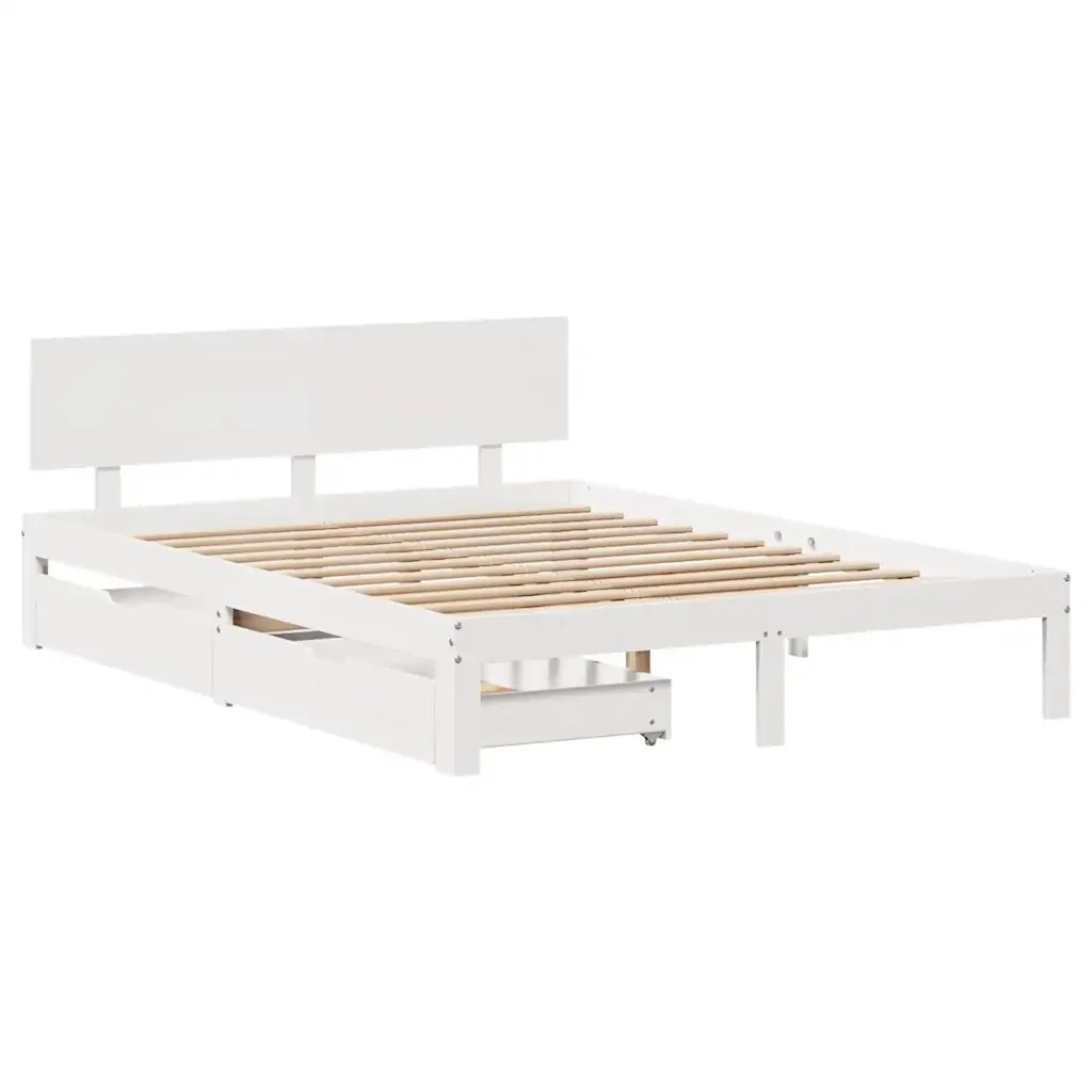 Letto matrimoniale | Letto per adulti | Giroletto con Cassetti Bianco 150x200 cm Legno Massello di Pino - Image 3