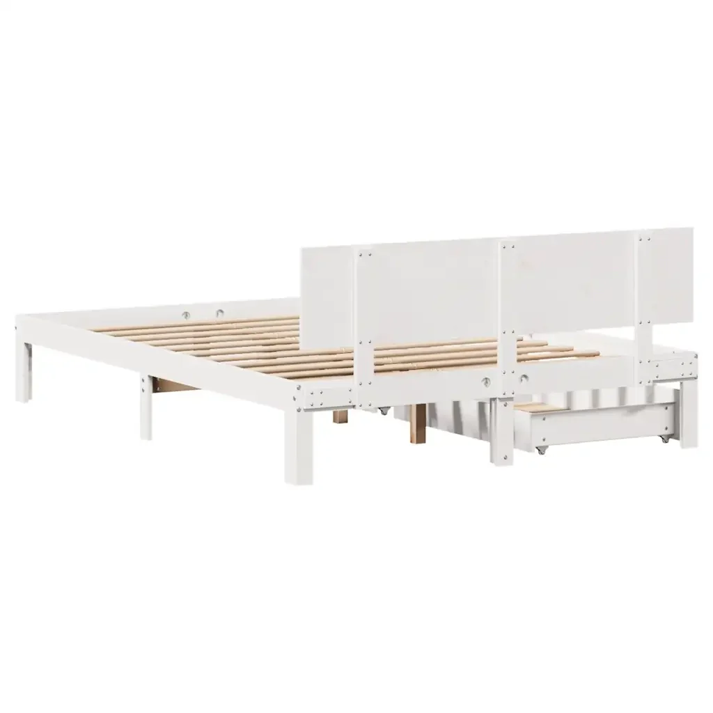 Letto matrimoniale | Letto per adulti | Giroletto con Cassetti Bianco 150x200 cm Legno Massello di Pino - Image 7