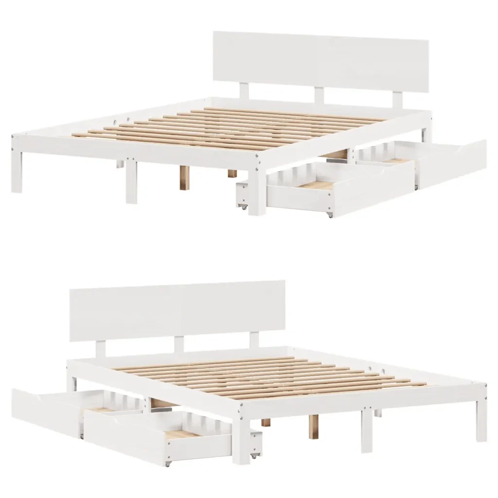 Letto matrimoniale | Letto per adulti | Giroletto con Cassetti Bianco 150x200 cm Legno Massello di Pino - Image 9