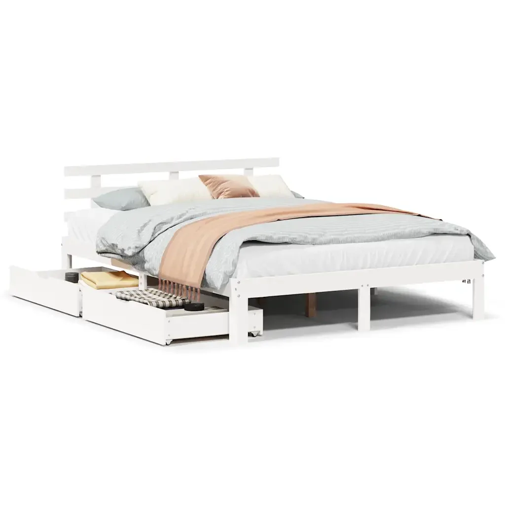 Letto matrimoniale | Letto per adulti | Giroletto con Cassetti Bianco 150x200 cm Legno Massello di Pino