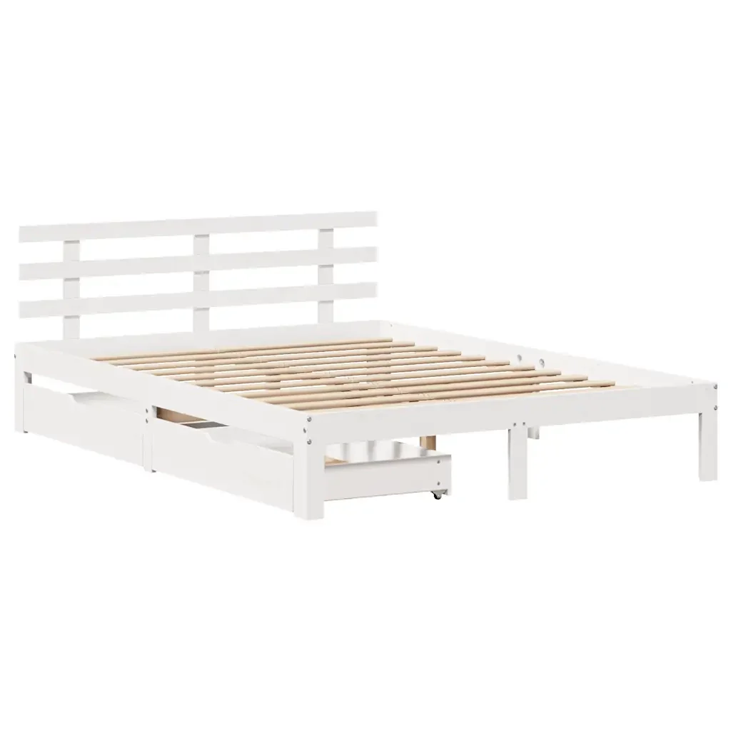 Letto matrimoniale | Letto per adulti | Giroletto con Cassetti Bianco 150x200 cm Legno Massello di Pino - Image 3