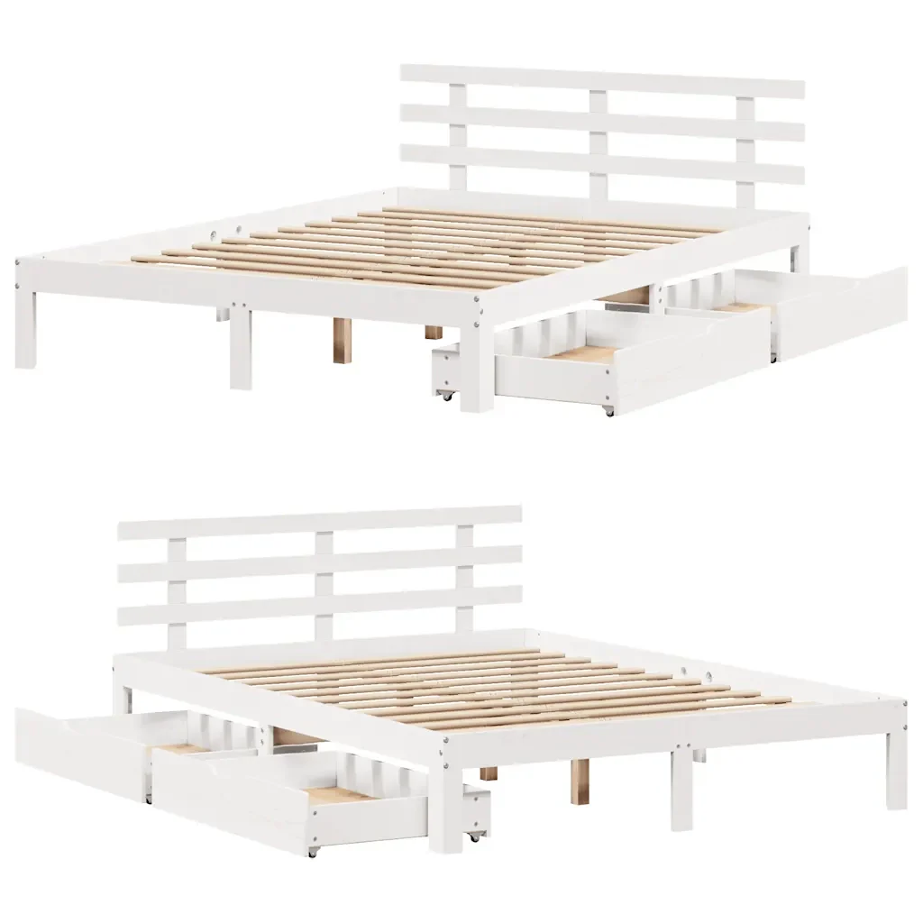 Letto matrimoniale | Letto per adulti | Giroletto con Cassetti Bianco 150x200 cm Legno Massello di Pino - Image 9
