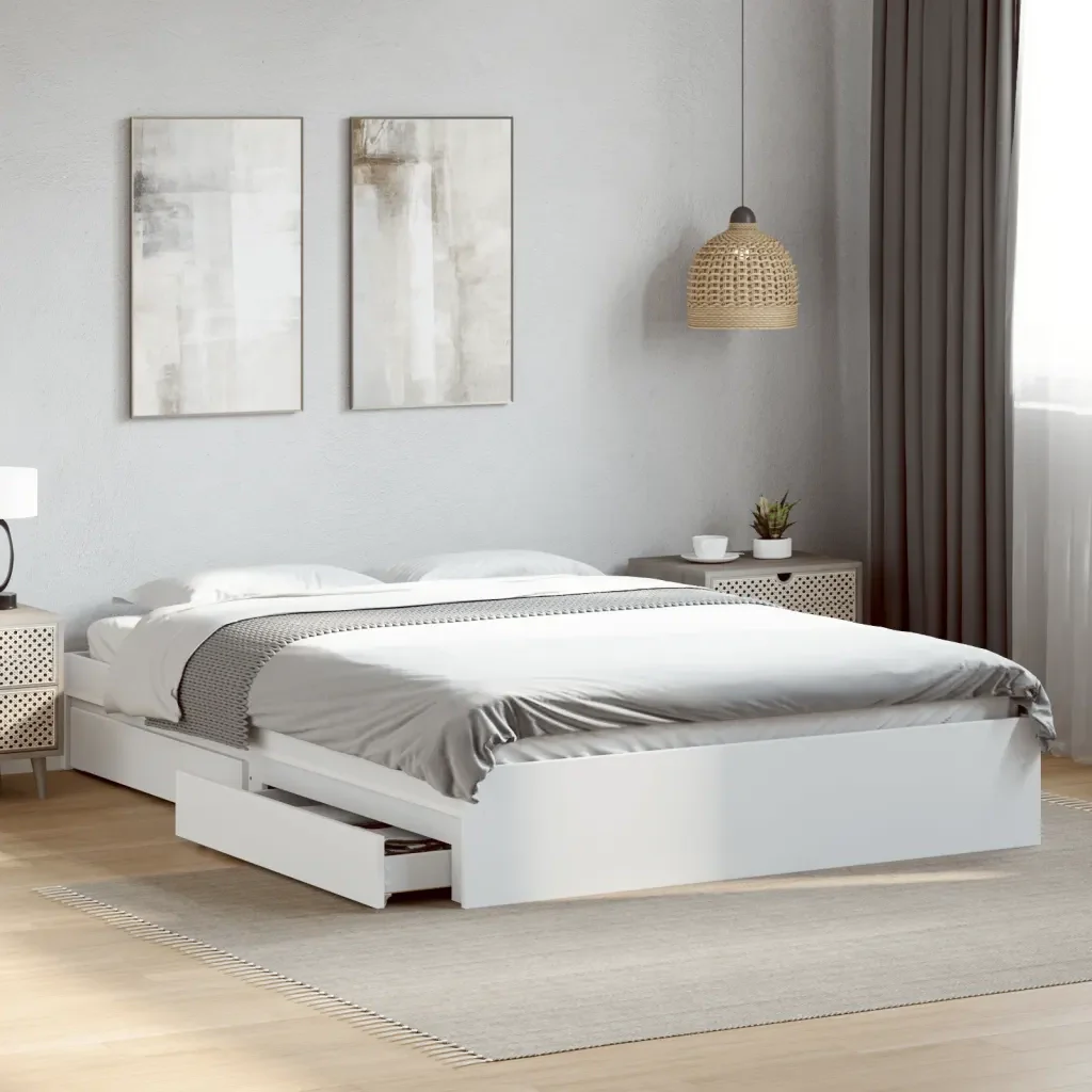Letto matrimoniale | Letto per adulti | Giroletto con Cassetti Bianco 160x200 cm in Legno Multistrato - Image 2