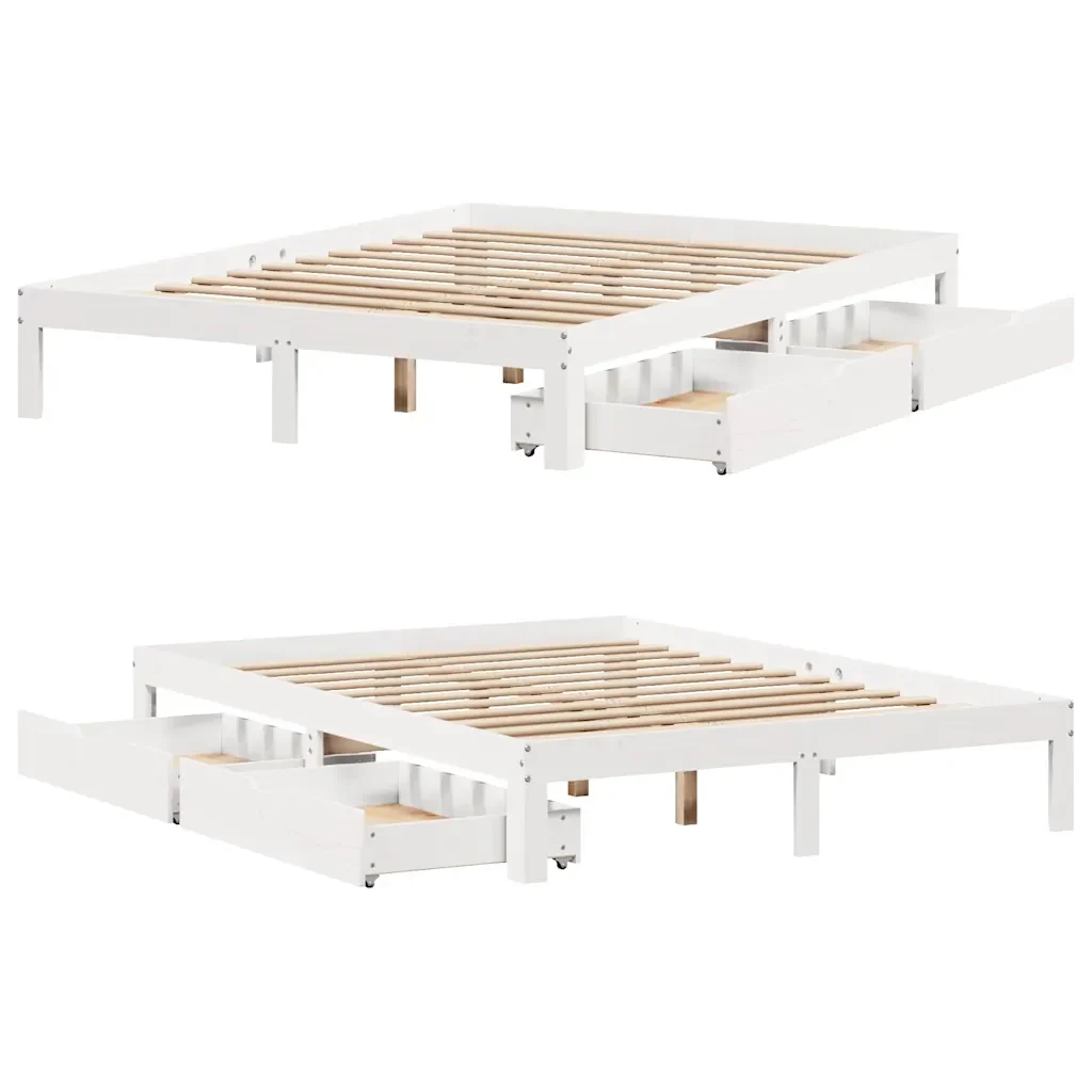 Letto matrimoniale | Letto per adulti | Giroletto con Cassetti Bianco 160x200 cm Legno Massello di Pino - Image 9