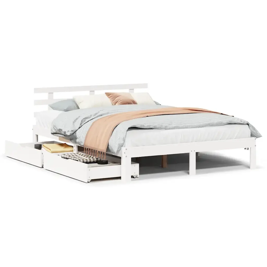 Letto matrimoniale | Letto per adulti | Giroletto con Cassetti Bianco 160x200 cm Legno Massello di Pino