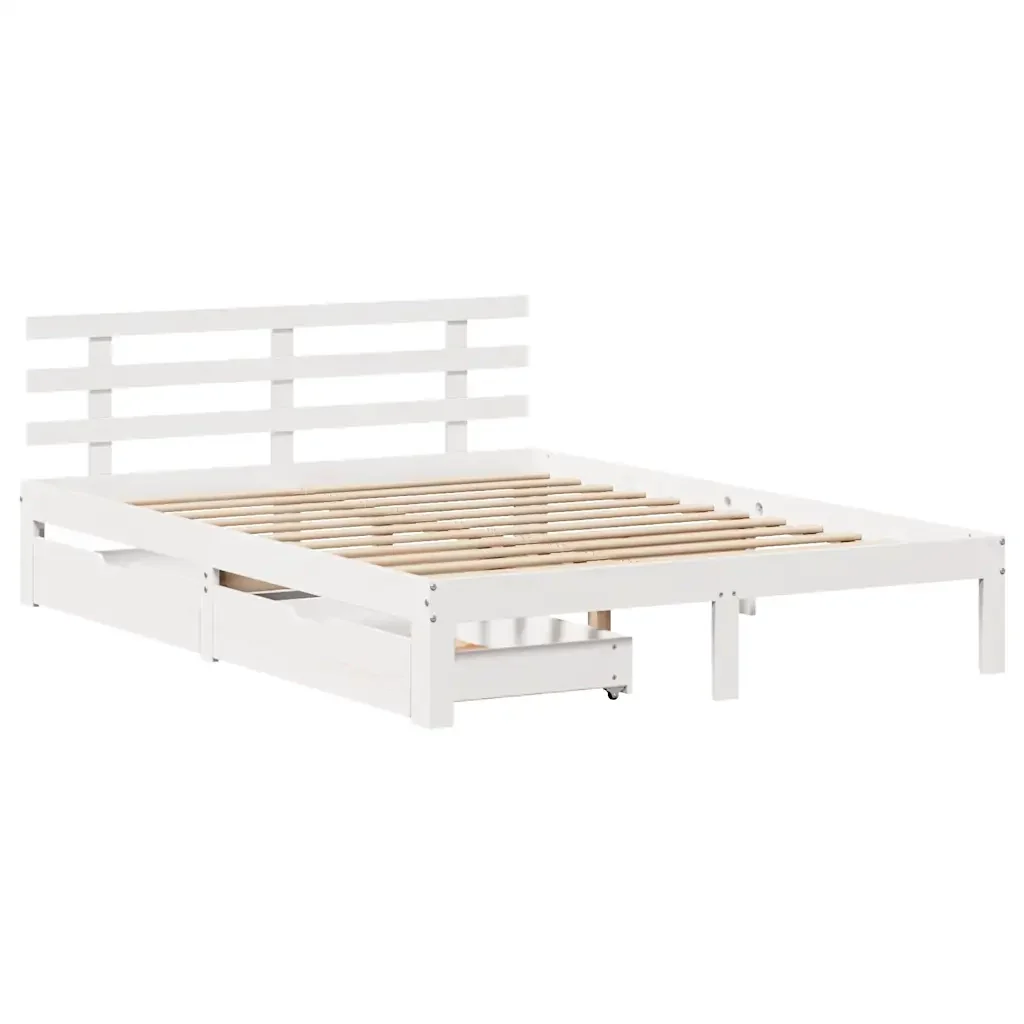 Letto matrimoniale | Letto per adulti | Giroletto con Cassetti Bianco 160x200 cm Legno Massello di Pino - Image 4