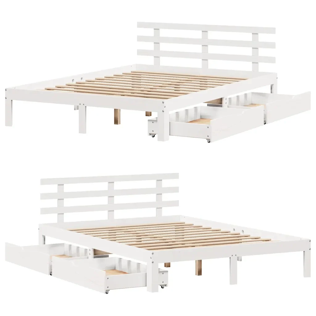 Letto matrimoniale | Letto per adulti | Giroletto con Cassetti Bianco 160x200 cm Legno Massello di Pino - Image 9