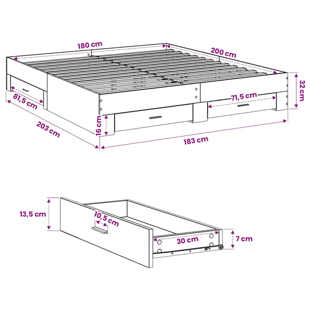 Letto matrimoniale | Letto per adulti | Giroletto con Cassetti Bianco 180x200 cm in Legno Multistrato - Image 10