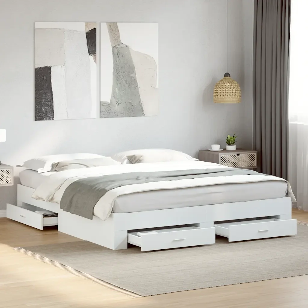 Letto matrimoniale | Letto per adulti | Giroletto con Cassetti Bianco 180x200 cm in Legno Multistrato - Image 2
