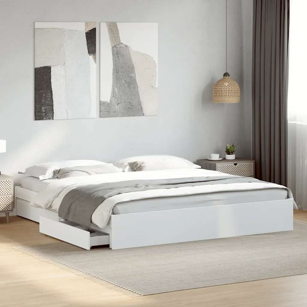 Letto matrimoniale | Letto per adulti | Giroletto con Cassetti Bianco 180x200 cm in Legno Multistrato - Image 2