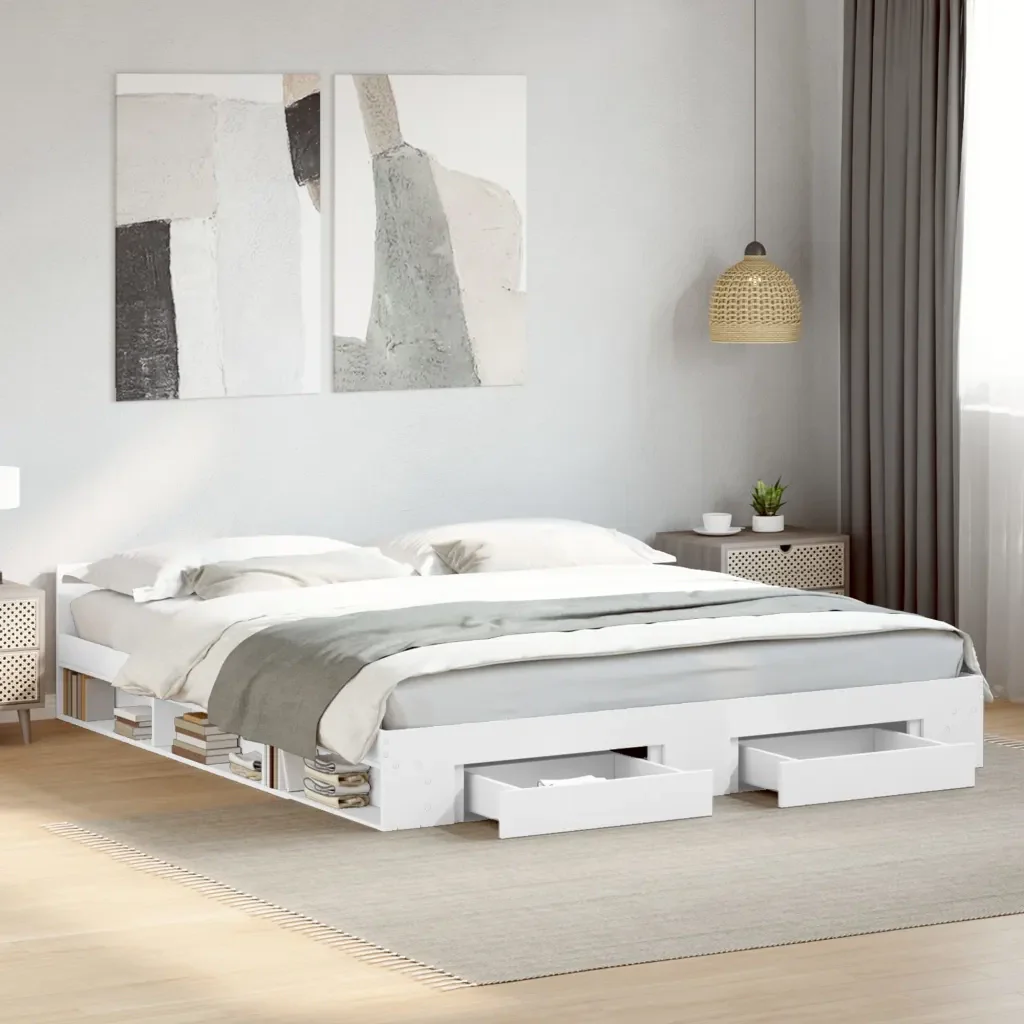 Letto matrimoniale | Letto per adulti | Giroletto con Cassetti Bianco 180x200 cm in Legno Multistrato - Image 2