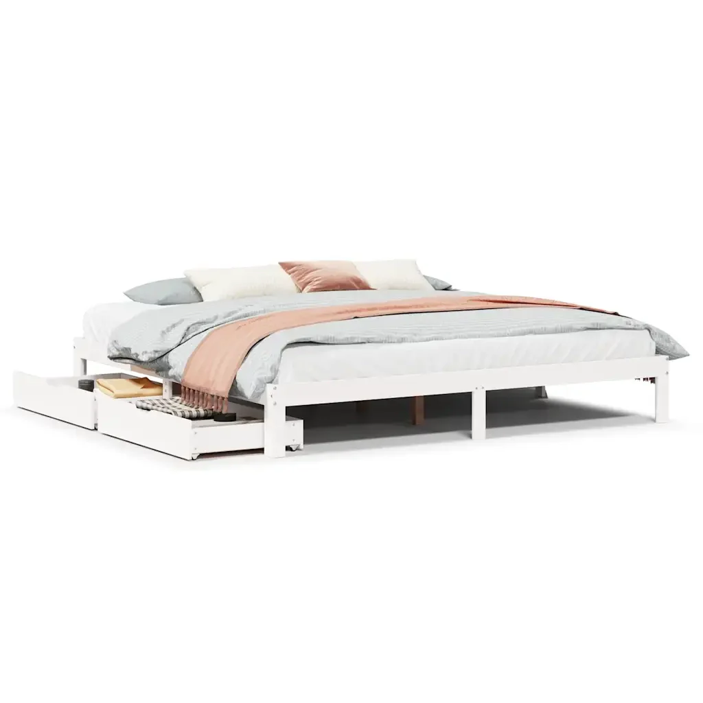 Letto matrimoniale | Letto per adulti | Giroletto con Cassetti Bianco 180x200 cm Legno Massello di Pino