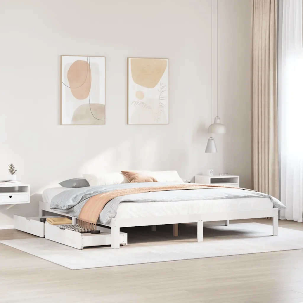 Letto matrimoniale | Letto per adulti | Giroletto con Cassetti Bianco 180x200 cm Legno Massello di Pino - Image 2