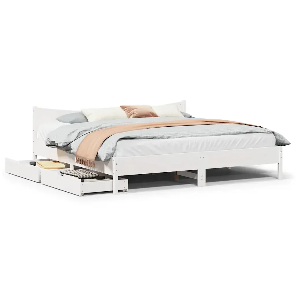 Letto matrimoniale | Letto per adulti | Giroletto con Cassetti Bianco 180x200 cm Legno Massello di Pino - Image 2