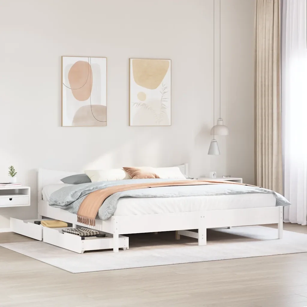 Letto matrimoniale | Letto per adulti | Giroletto con Cassetti Bianco 180x200 cm Legno Massello di Pino - Image 4