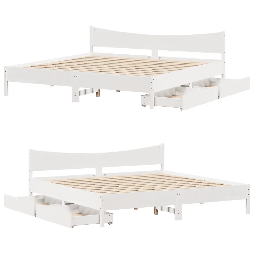 Letto matrimoniale | Letto per adulti | Giroletto con Cassetti Bianco 180x200 cm Legno Massello di Pino - Image 9