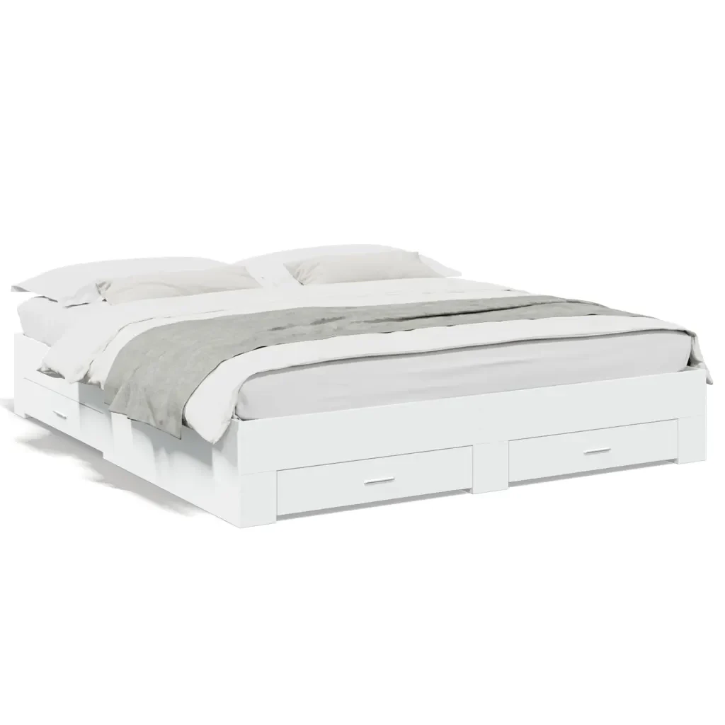 Letto matrimoniale | Letto per adulti | Giroletto con Cassetti Bianco 200x200 cm in Legno Multistrato