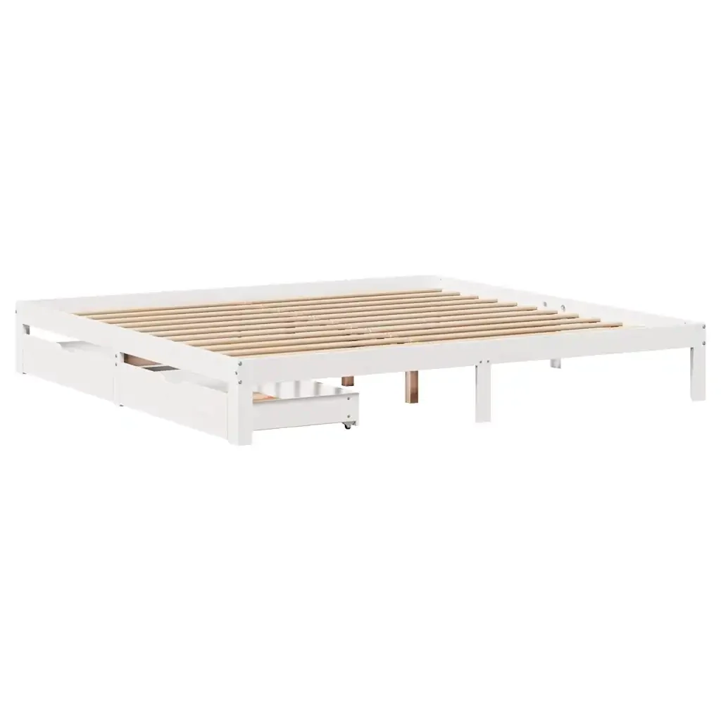 Letto matrimoniale | Letto per adulti | Giroletto con Cassetti Bianco 200x200 cm Legno Massello di Pino - Image 4